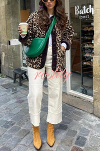 Warm Feel Colorblock Leopard Print Plush Button Up Pocketed Teddy Jacket