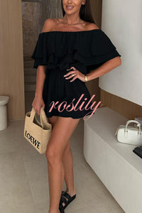 Solid Color Off-shoulder Ruffled Casual Waist Rompers