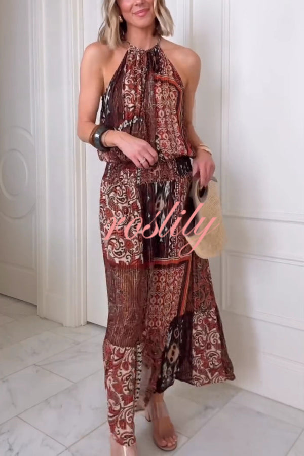 Ethnic Boho Colorblock Print Elastic Waist Resort Style Maxi Dress