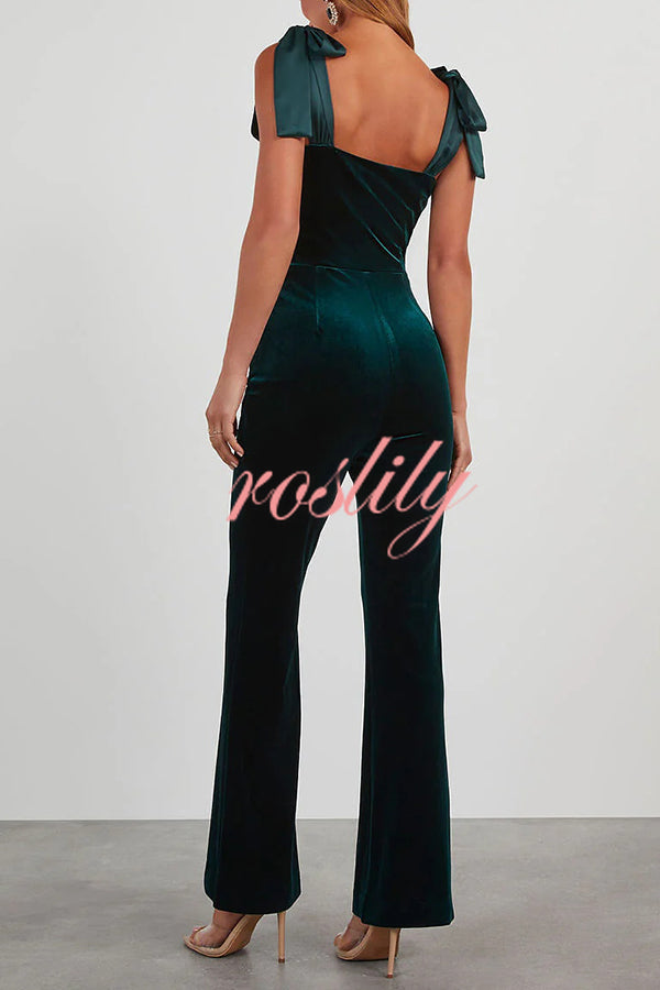 Merlot Sippin' Velvet Shoulder Tie Flare Stretch Jumpsuit