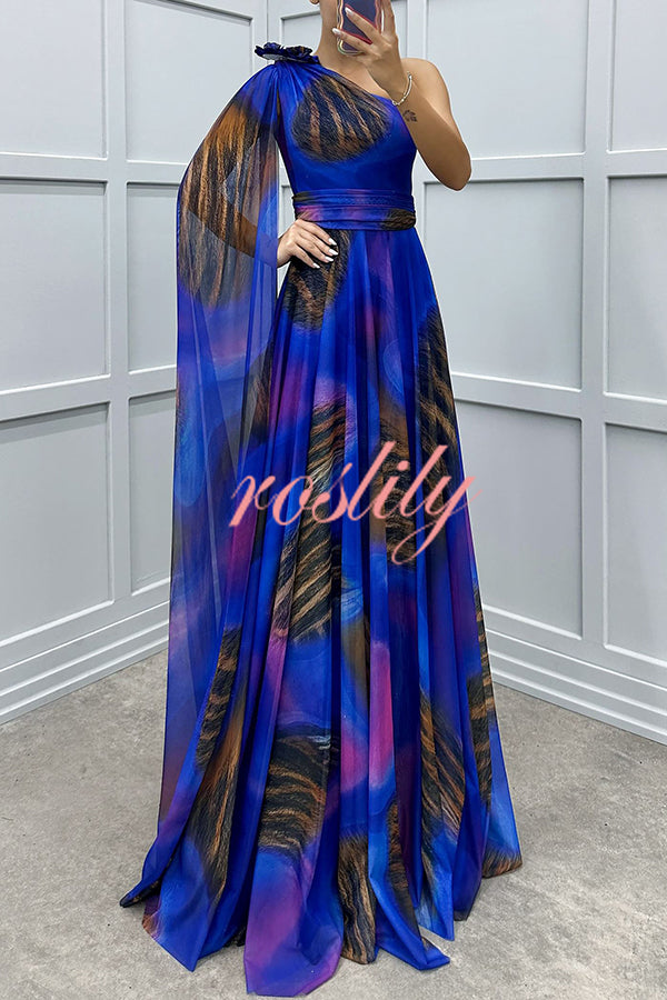 Lucia Unique Print Floral Detail One Shoulder Draped Sleeve Gown Maxi Dress