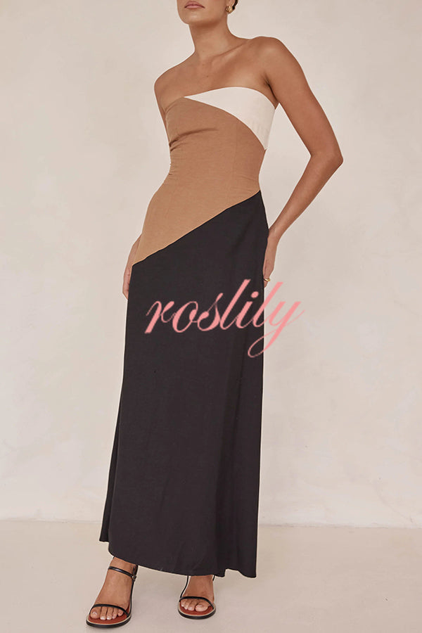 Calissa Asymmetrical Colour Block Strapless Pocketed A-line Maxi Dress