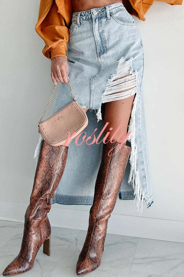 Darla Cutting Ties Heavily Distressed Denim Maxi Skirt