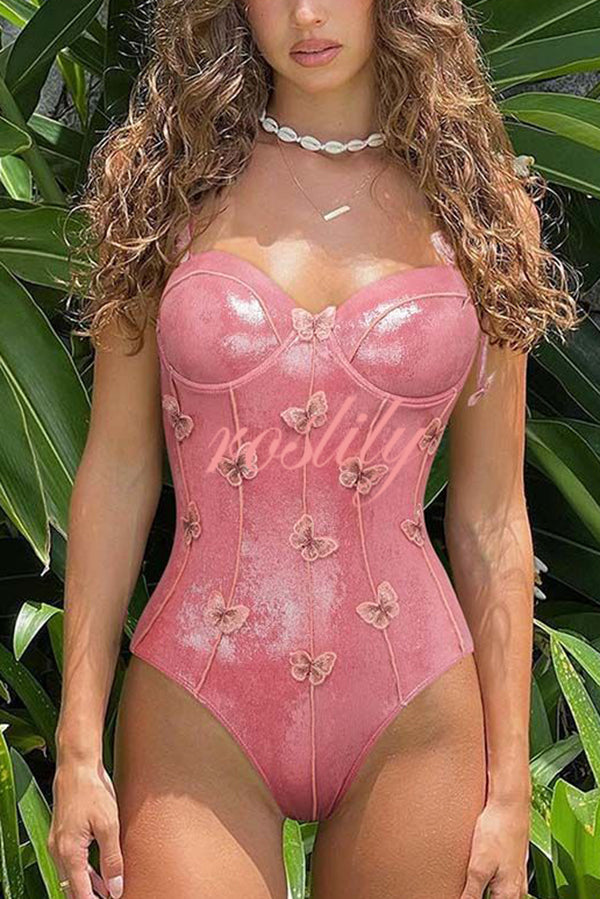 Solid Color Shiny Fabric Sweet Butterfly Decoration Stretch One-piece Swimsuit