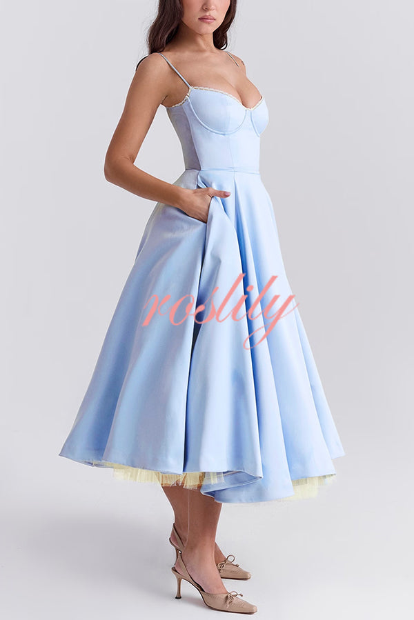 Fairytale Vibe Satin Patchwork Tulle Sweetheart Neck Pocket Stretch Midi Dress