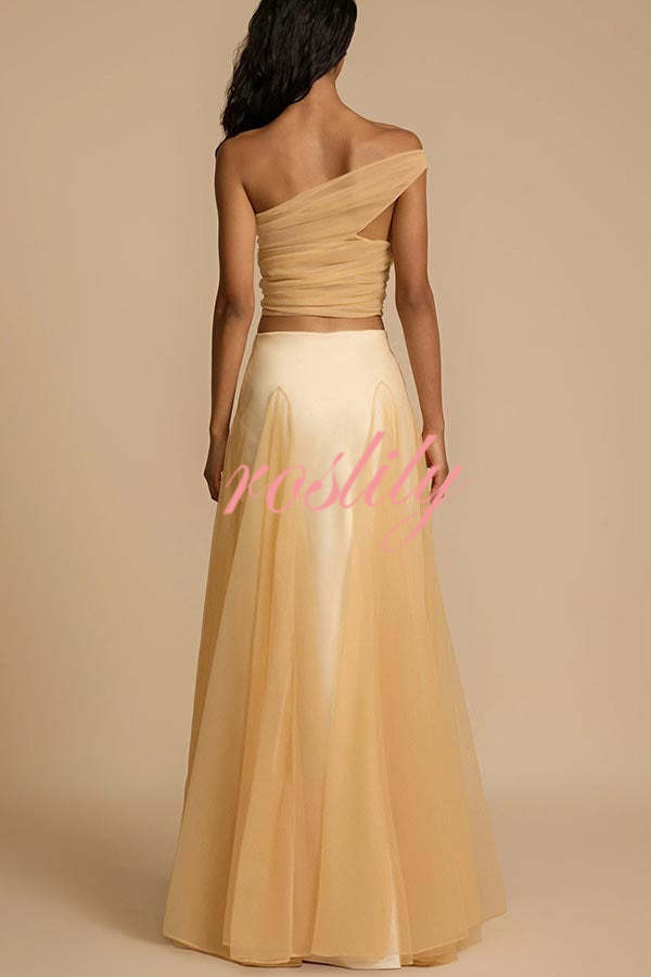 Romance Factor Satin Patchwork Tulle High Rise Elastic Waist A-line Maxi Skirt