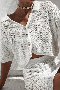 Solid Color Hollow Short Sleeve Knit Top and Elastic Waist Casual Mini Skirt Set