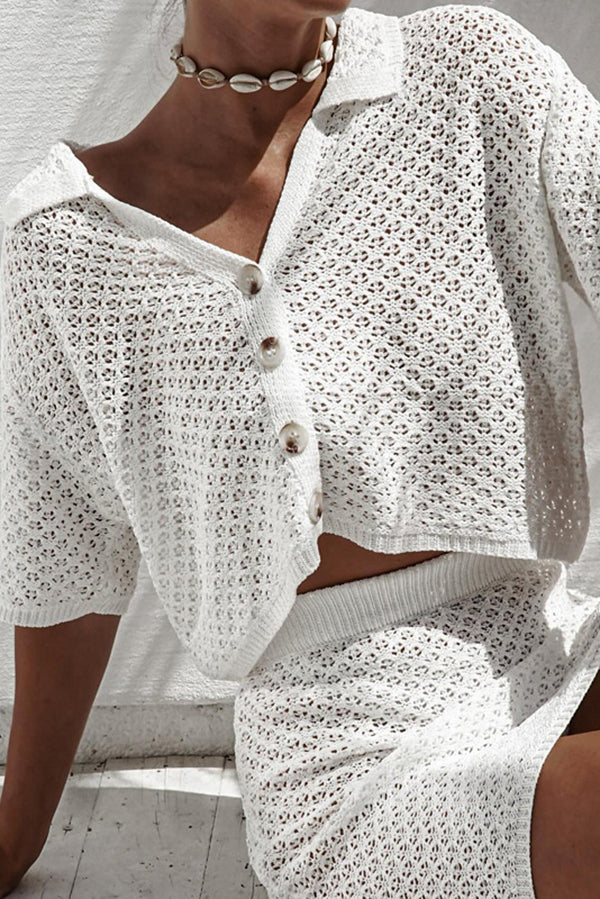 Solid Color Hollow Short Sleeve Knit Top and Elastic Waist Casual Mini Skirt Set