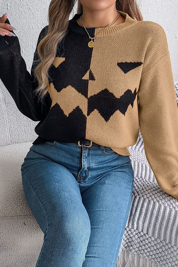 Halloween Pumpkin Contrast Color Long Sleeve Loose Sweater