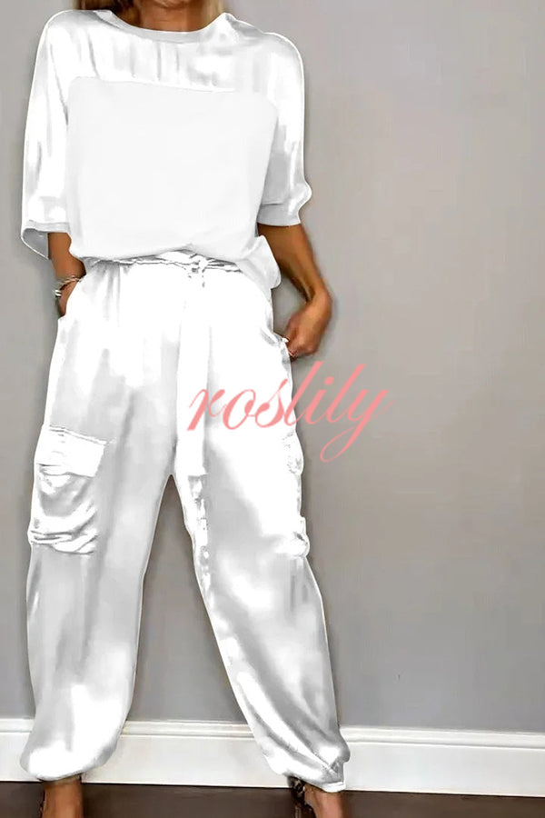 Calissa Smooth Satin Half-sleeved Top and Elastic Waist Pocket Pants Set