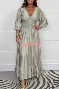 Solid Satin V-Neck Ruffle Sleeve Pleated Waist Maxi Dress