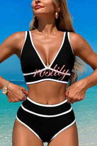 Solid Color Contrast High Waist Stretch Bikini Swimsuit