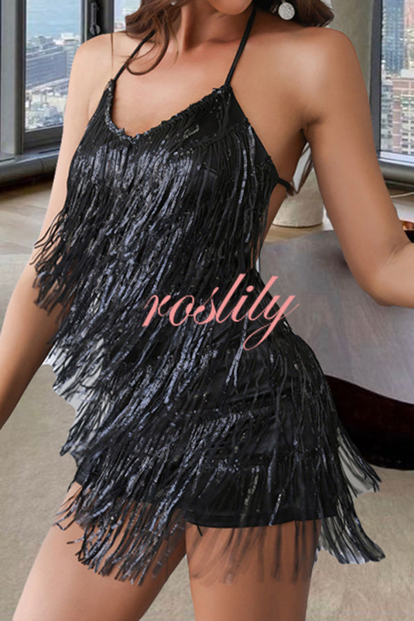 Shiny Sexy Halterneck Backless Lace-up Fringed Sequin Rompers