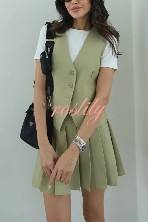 Solid Color Sleeveless Buttoned Vest and High-waisted Pleated Mini Skirt Set