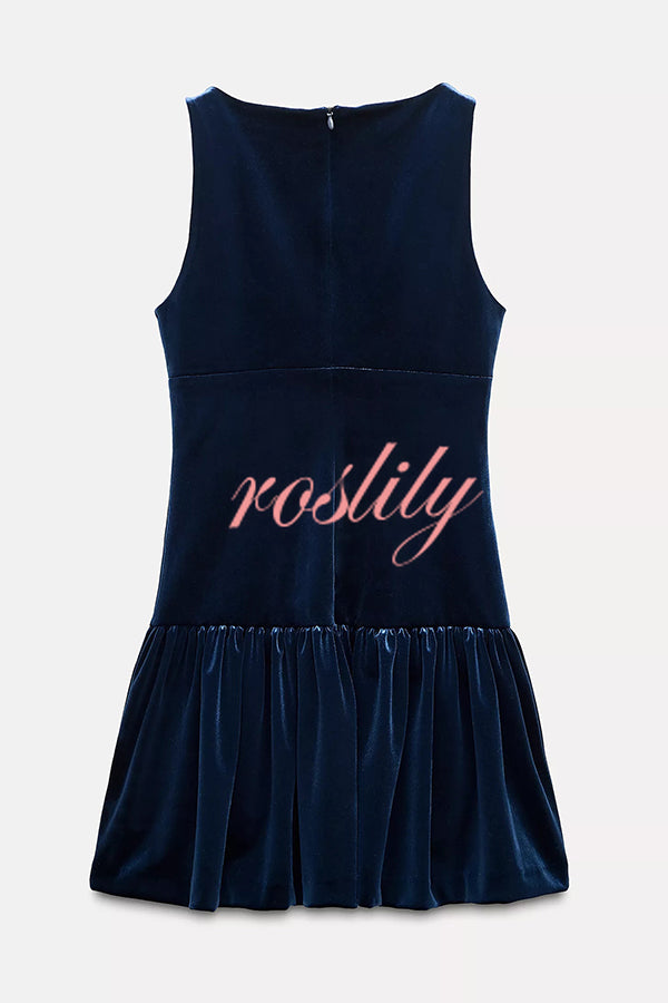 Solid Velvet Bow Embellished Sleeveless Mini Dress