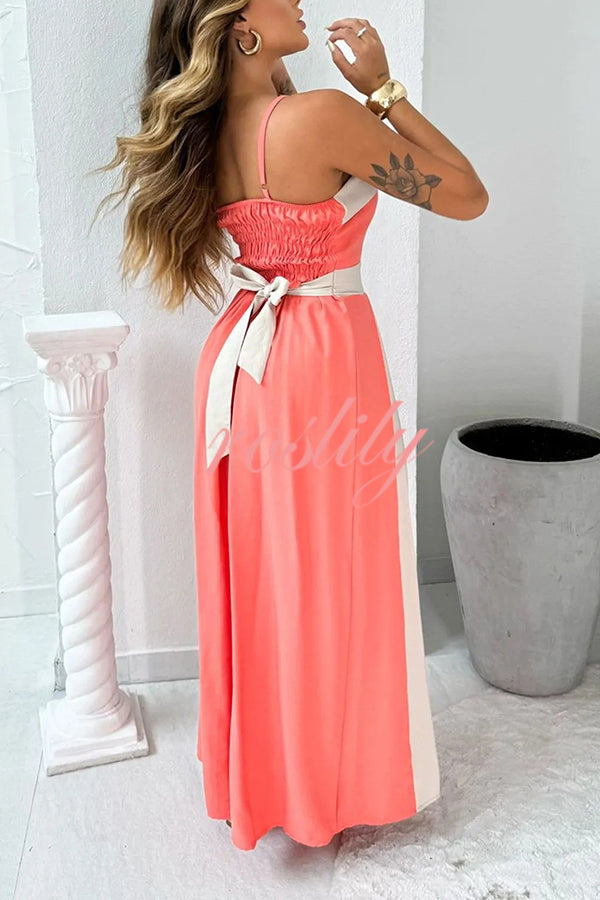 Fashion Contrast Color Sling Back Pleated Lace Up Maxi Dress