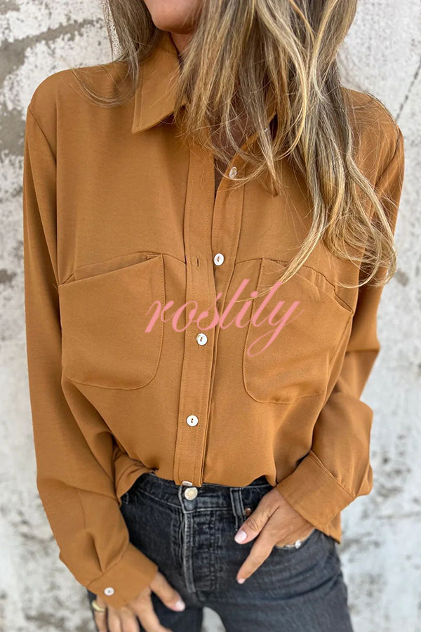Solid Color Lapel Button Pocket Casual Long Sleeve Shirt