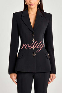 Women Power Metal Cross Snap Button Long Sleeve Lapel Blazer