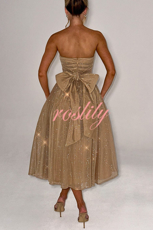 Marissa Glitter Mesh Fabric Off Shoulder Back Bow Detail Midi Dress