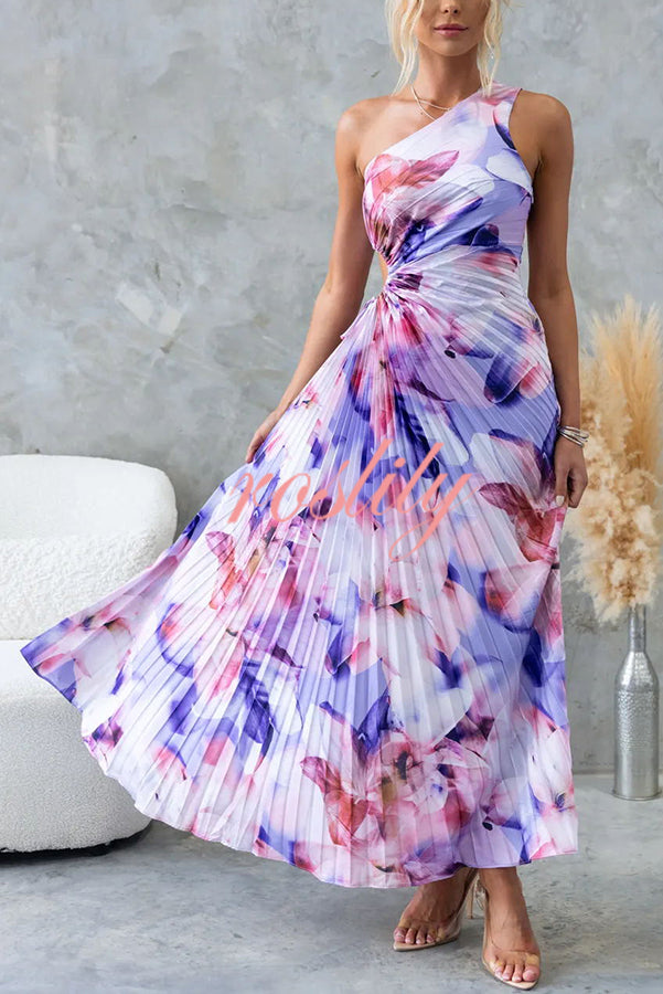 Laken Floral Print One Shoulder Adjustable Tie Cutout Pleated Maxi Dress