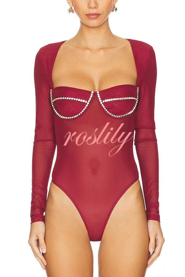 Happy Sexy Friday Mesh Diamante Long Sleeve Stretch Bodysuit