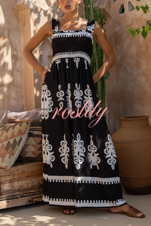 National Boho Style Unique Print Smocked Bust Wide Strap Pocket Maxi Dress