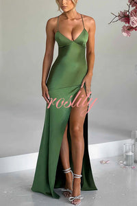 Satin Solid Color Sexy Backless Lace Up High Slit Maxi Dress