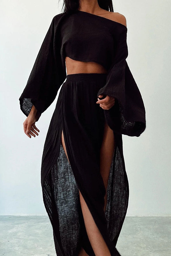 Boho Beach Linen Blend Wide Sleeve Blouse and Elastic Waist Double Slit Skirt Set