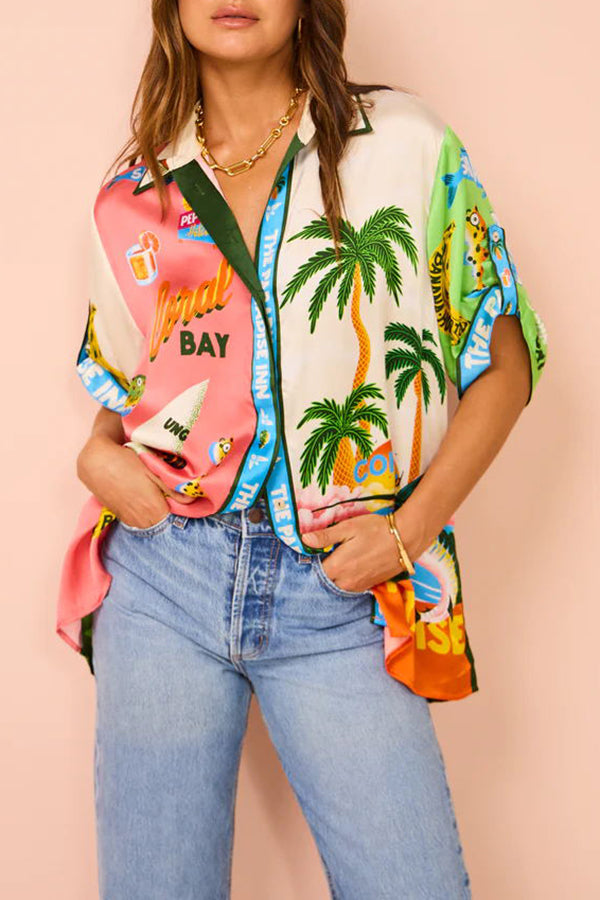 Kissed By The Sun Satin Unique Print Colorblock Button Down Oversized Blouse