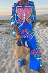 Floral Print Oversized Shirt and Elastic Waist Pocket Pants Set