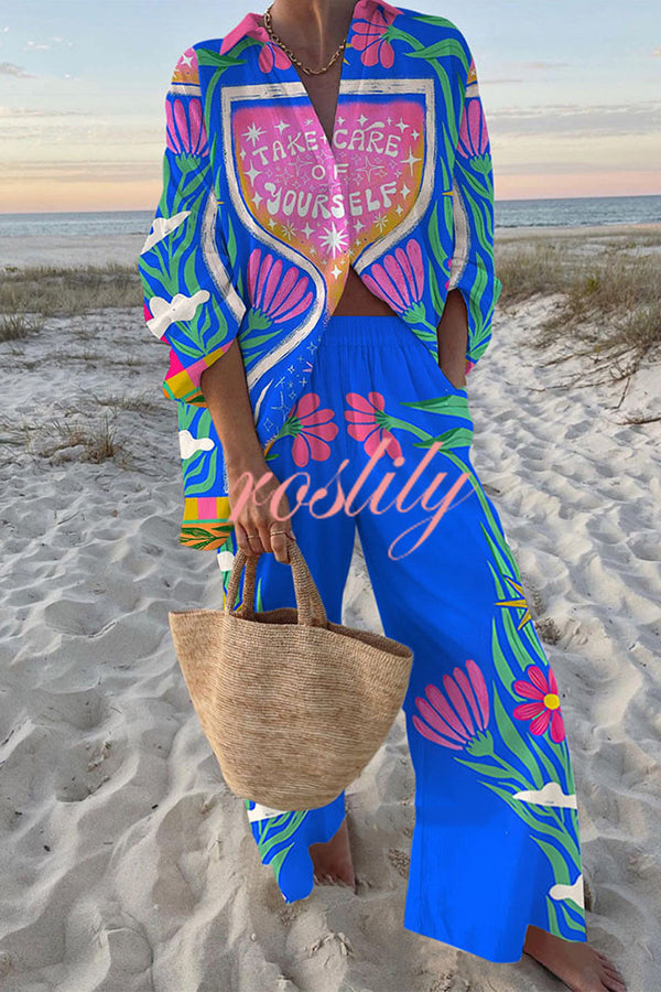 Floral Print Oversized Shirt and Elastic Waist Pocket Pants Set