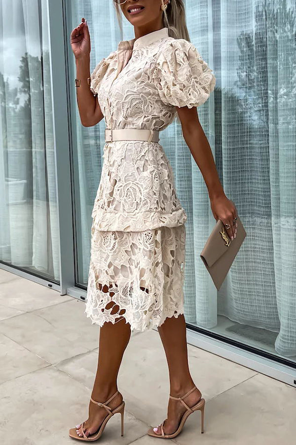 Absolutely Elegant Floral Crochet Lace Puff Sleeve Belted Shirt Midi Dress