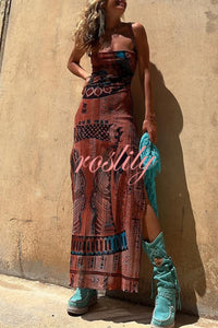 Gypsy Style Unique Print Cowl Neck Back Lace-up Slit Midi Dress