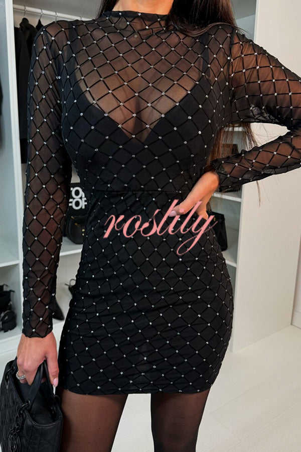 Sexy Language Mesh Glitter Fabric Long Sleeve Stretch Mini Dress