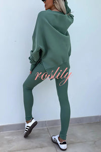 Solid Color Loose Long Sleeve SlitSweatshirt and Elastic Waist Tight Pants Set