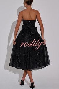 Marissa Glitter Mesh Fabric Off Shoulder Back Bow Detail Midi Dress