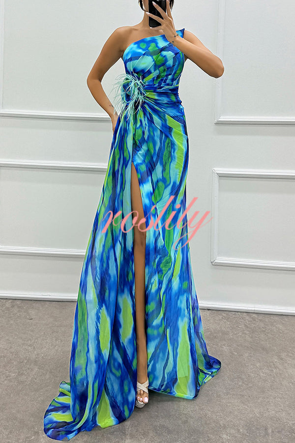 Amazing Views Watercolor Print Feather Rose Detail Off Shoulder Pleated Slit Maxi Dress