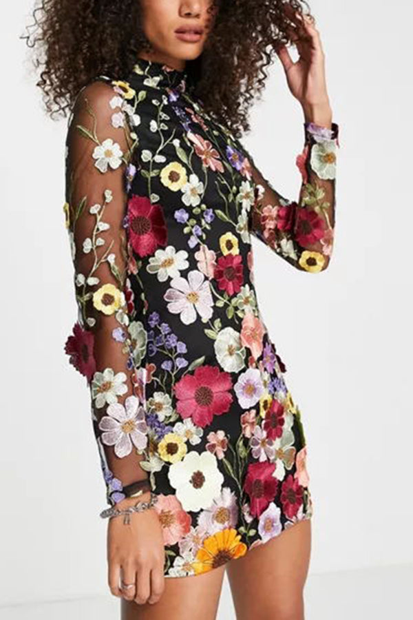 Elegantly Enchanted Floral Applique Backless Long Sleeve Mini Dress