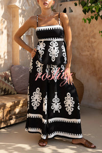 Unique Ethnic Print Suspender Pleated Top and Elastic Waist Loose Wide-leg Pants Set