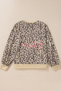 Leopard Print Crew Neck Patchwork Long sleeve Casual Loose Sweatshirt