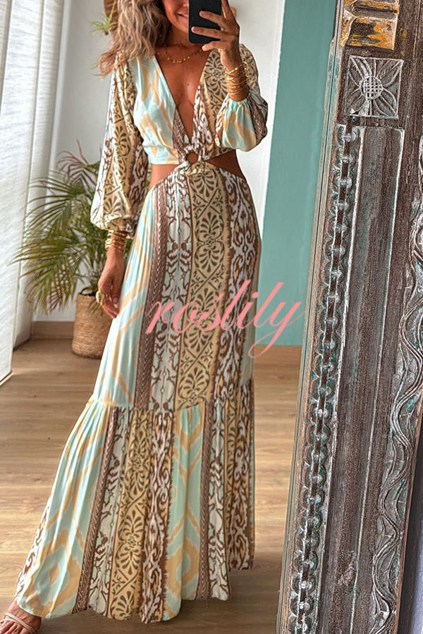 Sefora Unique Color Block Print Long Sleeve Ring Cutout Back Tie-up Maxi Dress