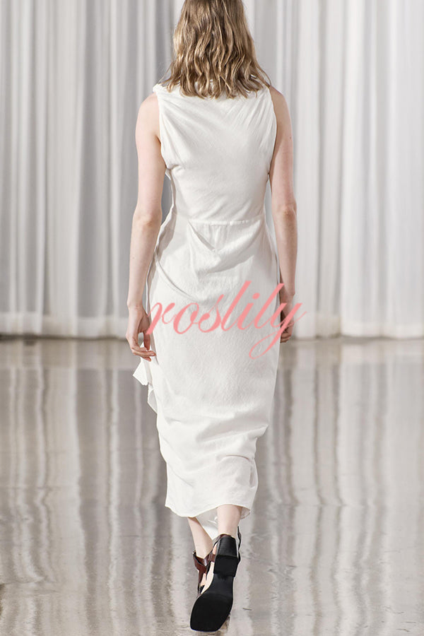 Sculptural Effect Linen Blend Twisted Shoulder Strap Drape Maxi Dress