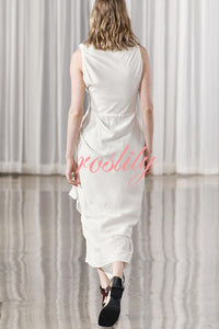 Sculptural Effect Linen Blend Twisted Shoulder Strap Drape Maxi Dress