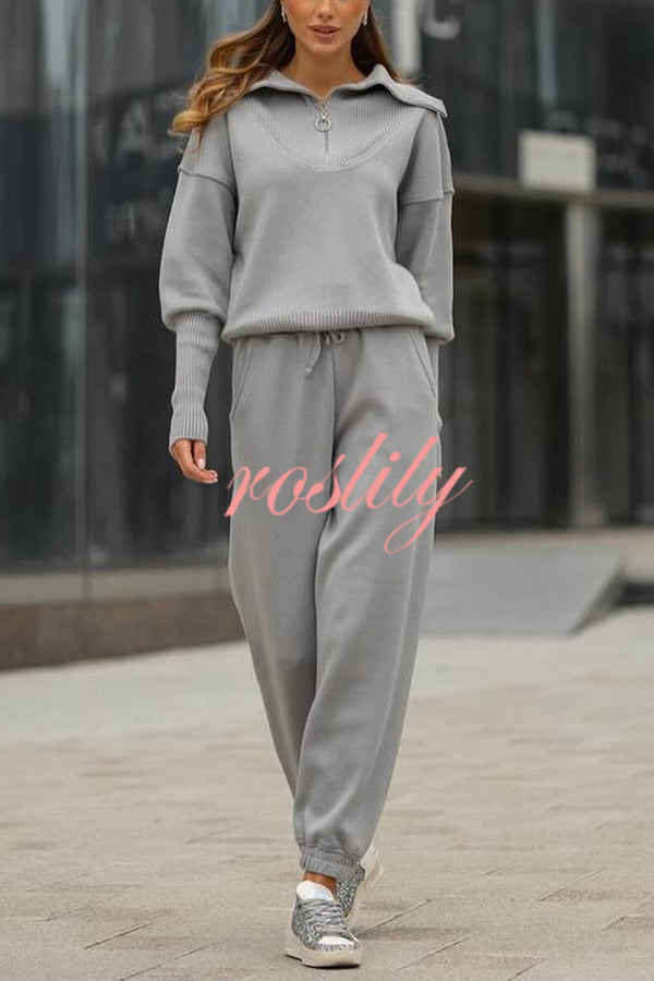 Solid Color Long-sleeved Zip-up Sweatshirt and Elastic Waist Loose Pocket Pants Set