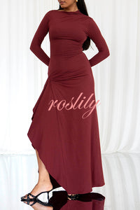 Venus Long Sleeve Ruched Side Slit Drape Ruffles Back Lace-up Stretch Maxi Dress