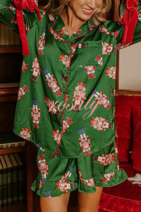 Christmas Dreaming Satin Nutcrackers Print Velvet Trim Elastic Waist Pocketed Pajama Shorts Set