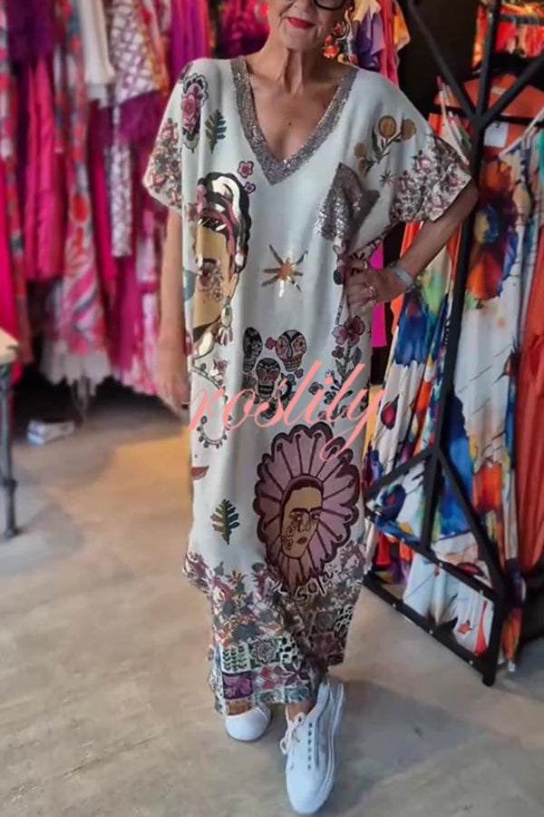 Fashion Printed V-neck Short-sleeved Casual Loose Maxi Dress