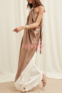 Elegant Whisper Satin Colorblock Halter Asymmetrical Hem Drape Maxi Dress