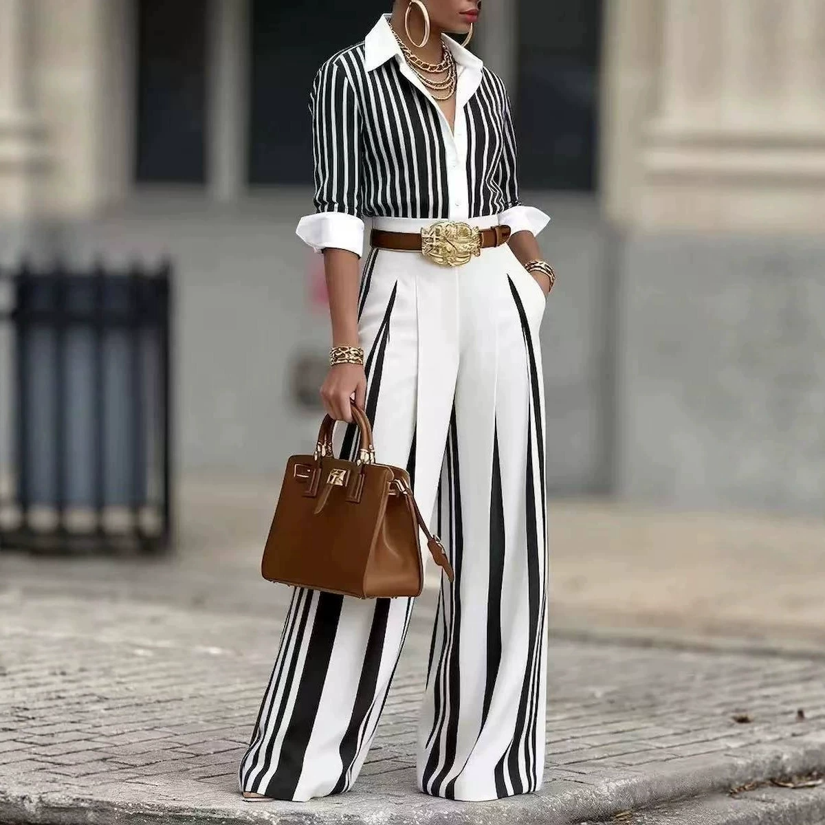 Elegant Striped Shirt & Wide Leg Pants Set