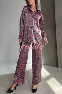 Leopard Print Long-sleeved Casual Top and Loose Elastic Waist Tie Pants Set